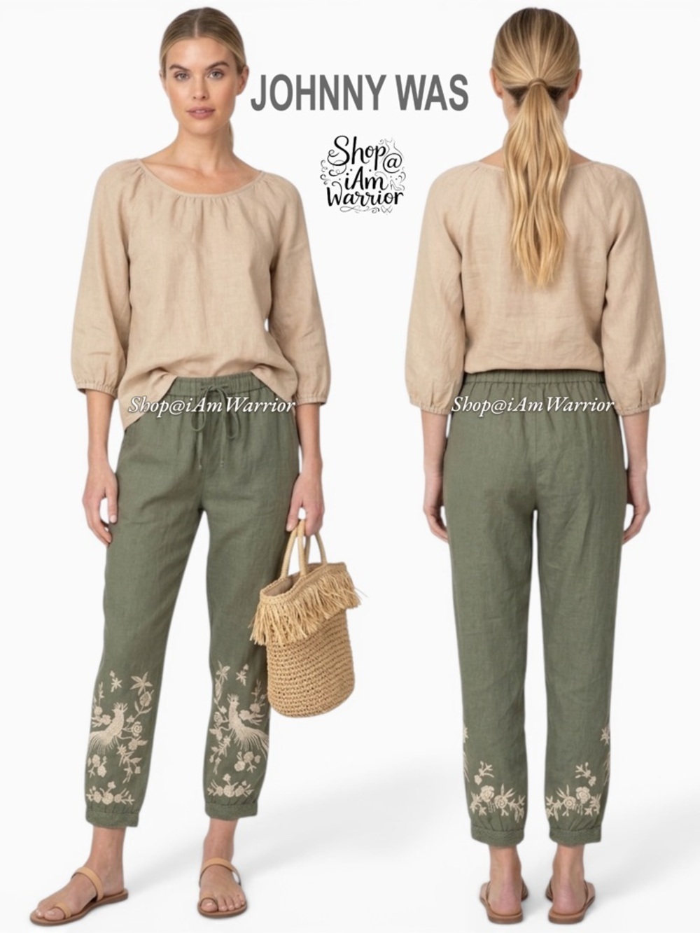 Johnny Was olive embroidered linen jogger pants *shop@iamwarrior